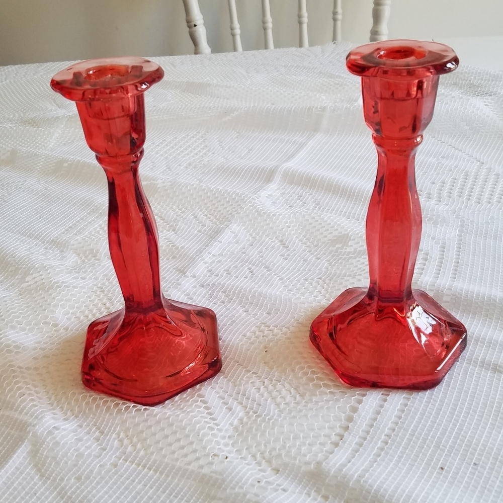 Set of 2 Ruby Red Vintage Ted Glass Candlestick Holders